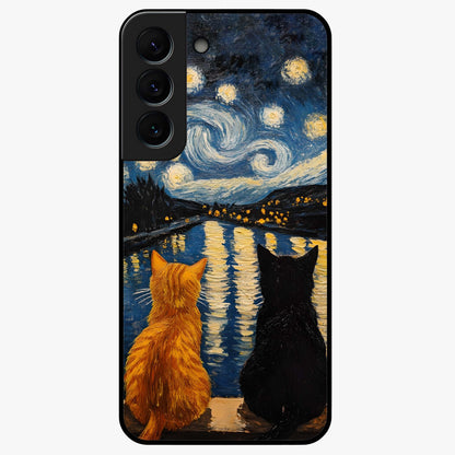 Starry River Cats Glass Case showing flat back view with cats by a starry river artwork and glossy glass finish.