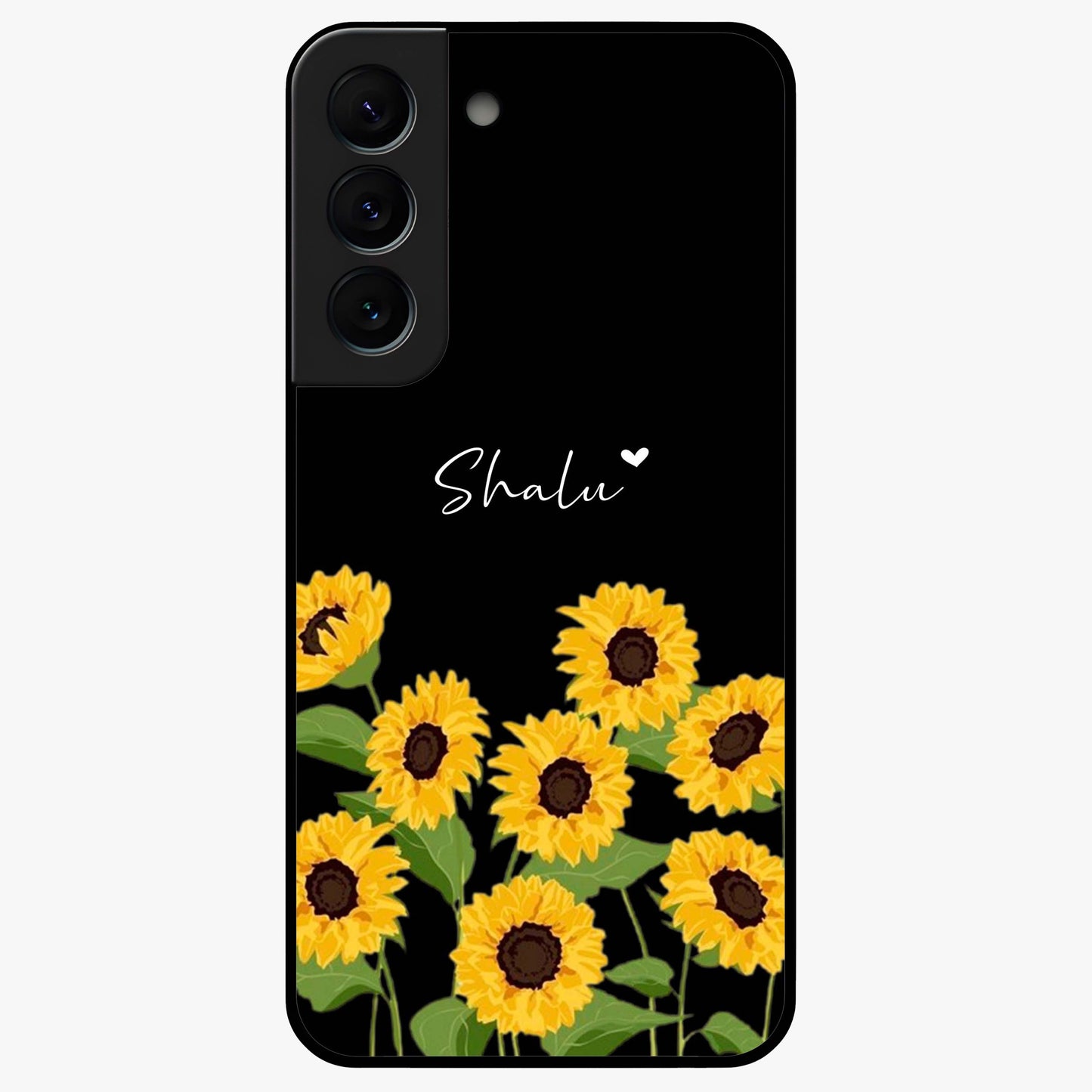 Sunflower Chic Mood Custom Name Glass Case showing flat back view with stylish sunflower artwork and personalized name design.