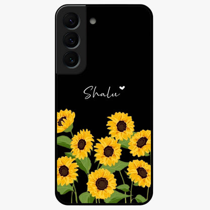 Sunflower Chic Mood Custom Name Glass Case showing flat back view with stylish sunflower artwork and personalized name design.