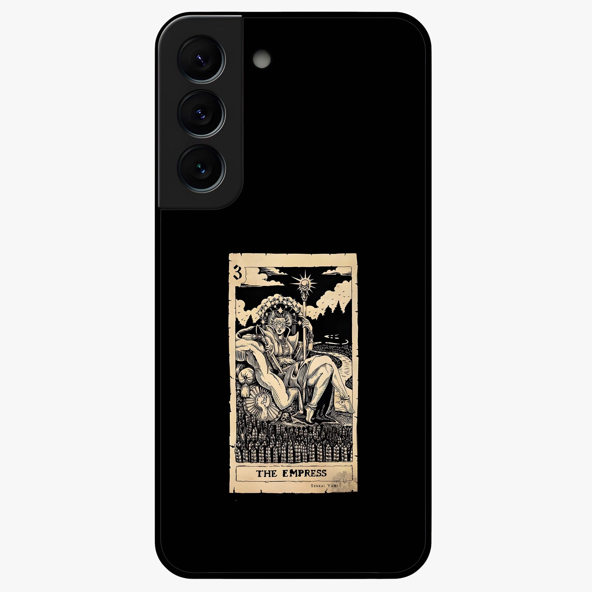 The Empress Glass Case showing flat back view with regal feminine artwork and glossy glass finish.