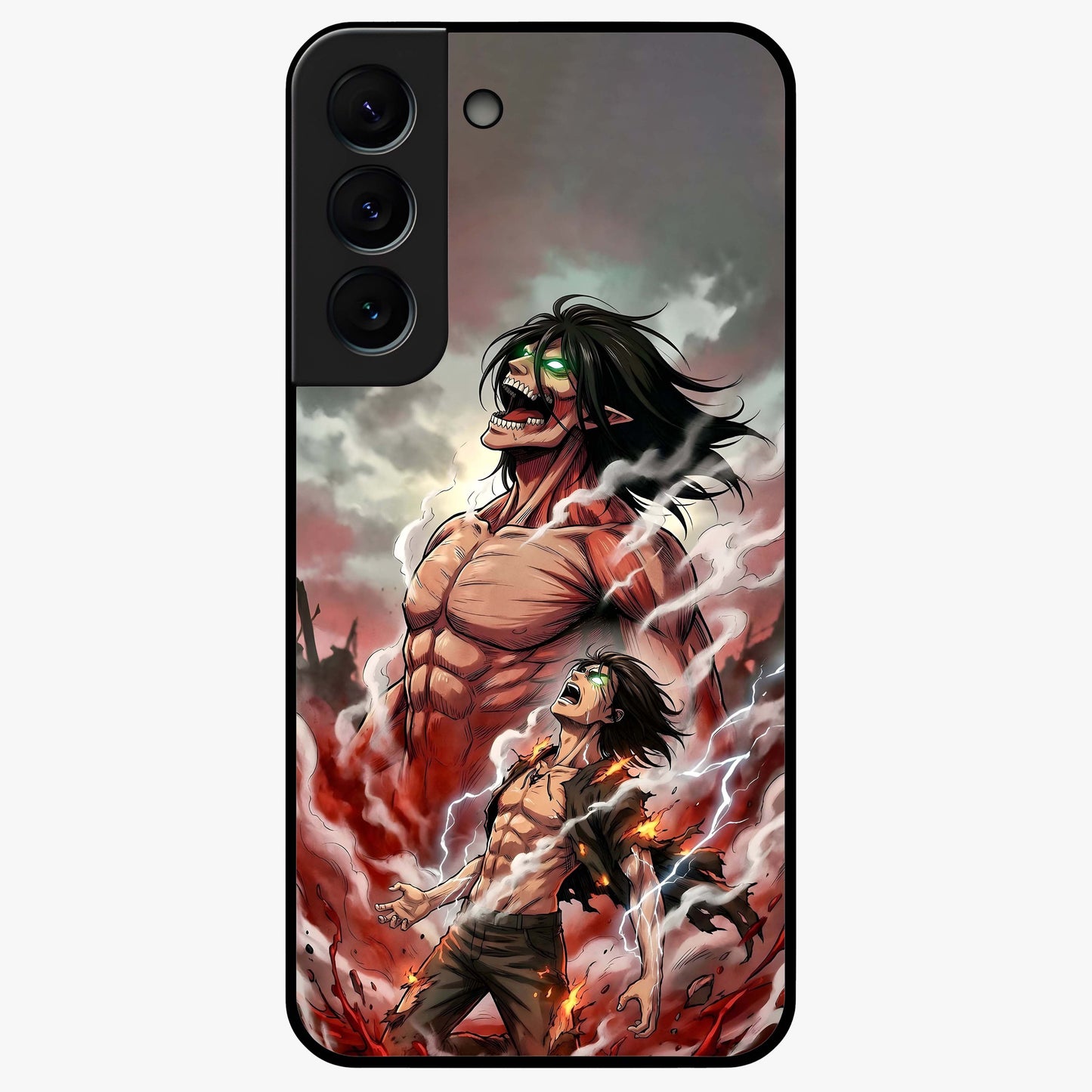 Titan Awakening Fury Glass Case showing flat back view with powerful titan inspired artwork and glossy glass finish.
