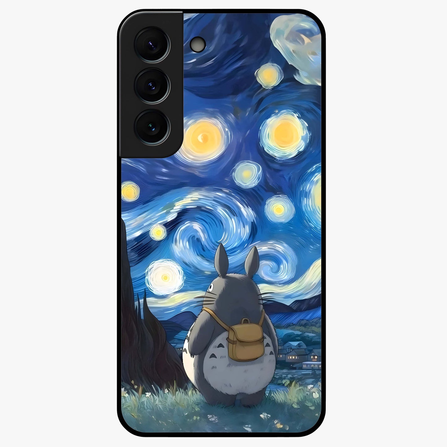 Totoro In Van Gogh Art Glass Case showing flat back view with whimsical character artwork inspired by Van Gogh style and glossy glass finish.