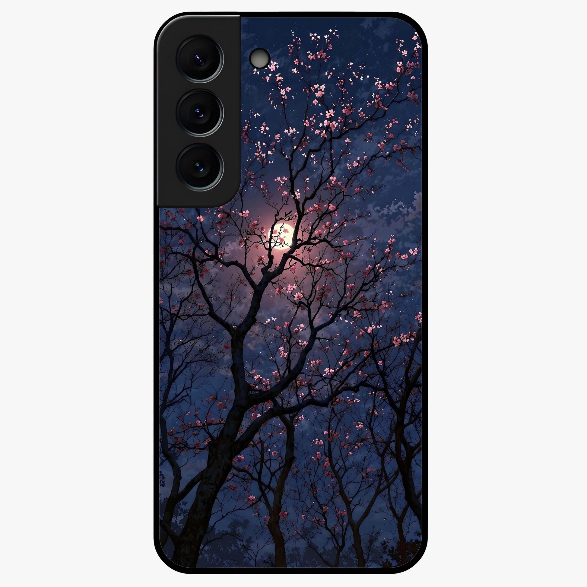 Twilight Sakura Serenade Glass Case showing flat back view with cherry blossom artwork at twilight and glossy glass finish.