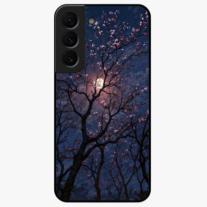 Twilight Sakura Serenade Glass Case showing flat back view with cherry blossom artwork at twilight and glossy glass finish.