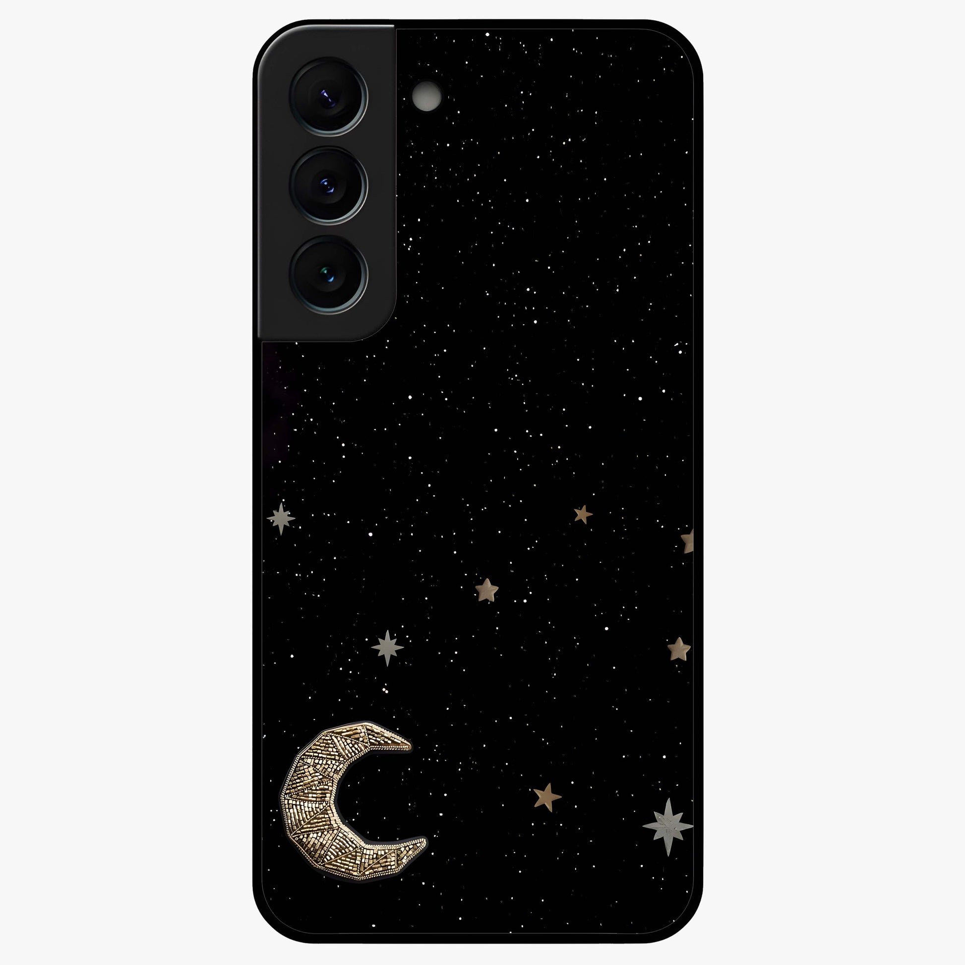 Twinkle Star With Half Moon Glass Case showing flat back view with star and half moon artwork and glossy glass finish.