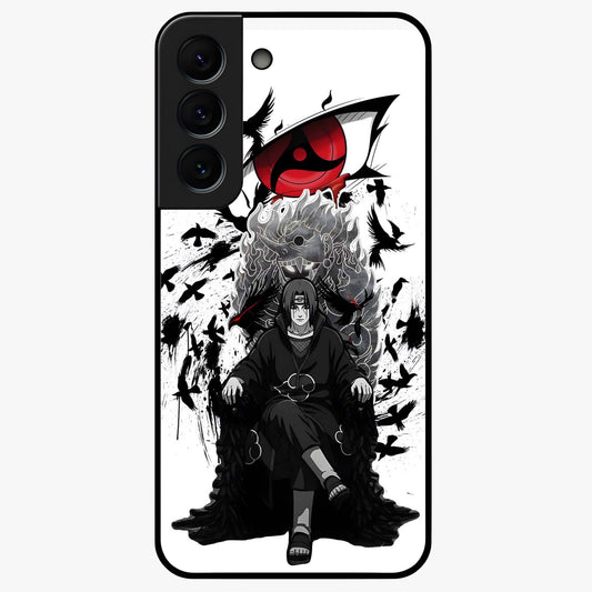 Uchiha Shadow Throne Glass Case showing flat back view with cosmic underwater themed artwork and glossy glass finish.