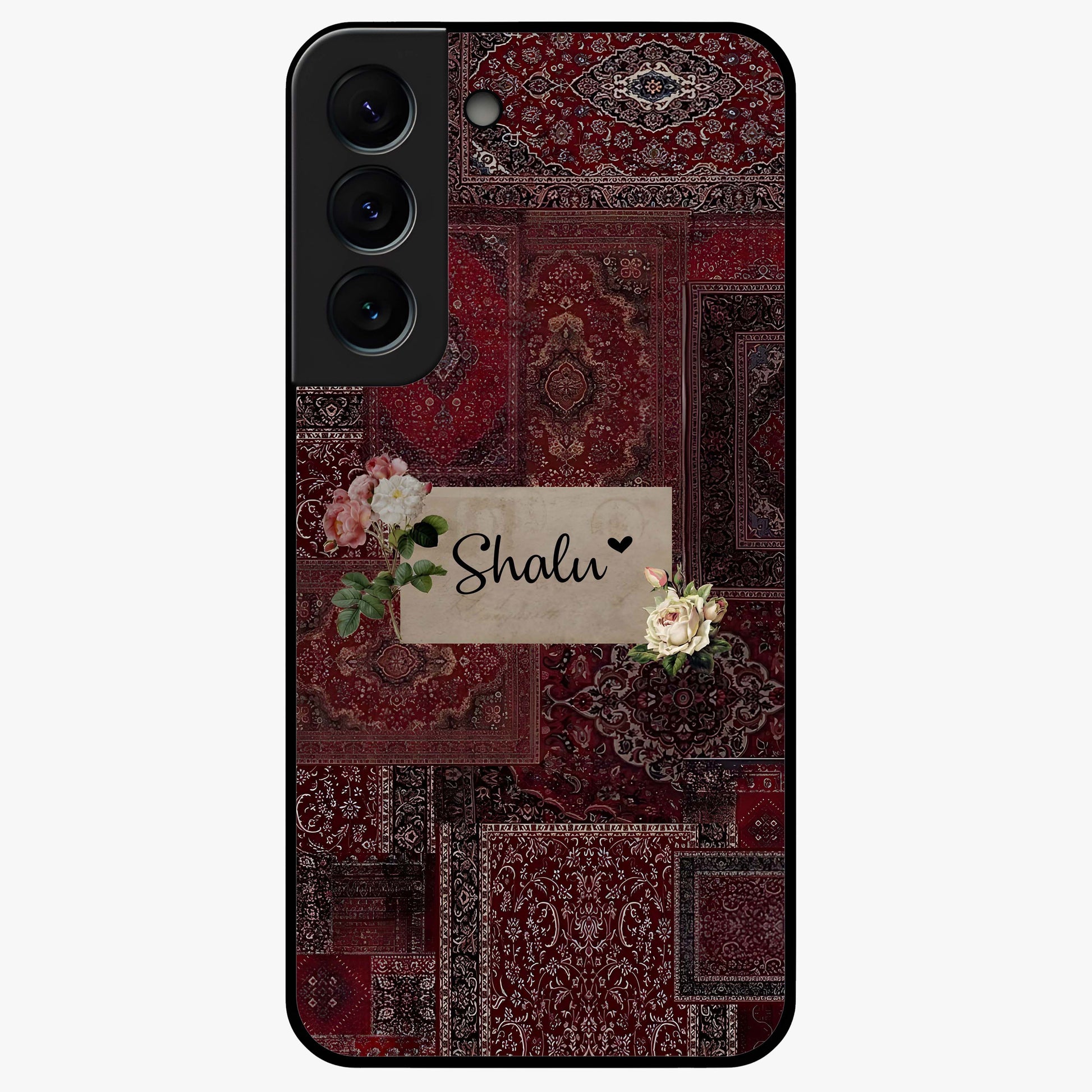 Velvet Wine Pattern Custom Name Glass Case showing flat back view with elegant wine colored pattern artwork and personalized name design.