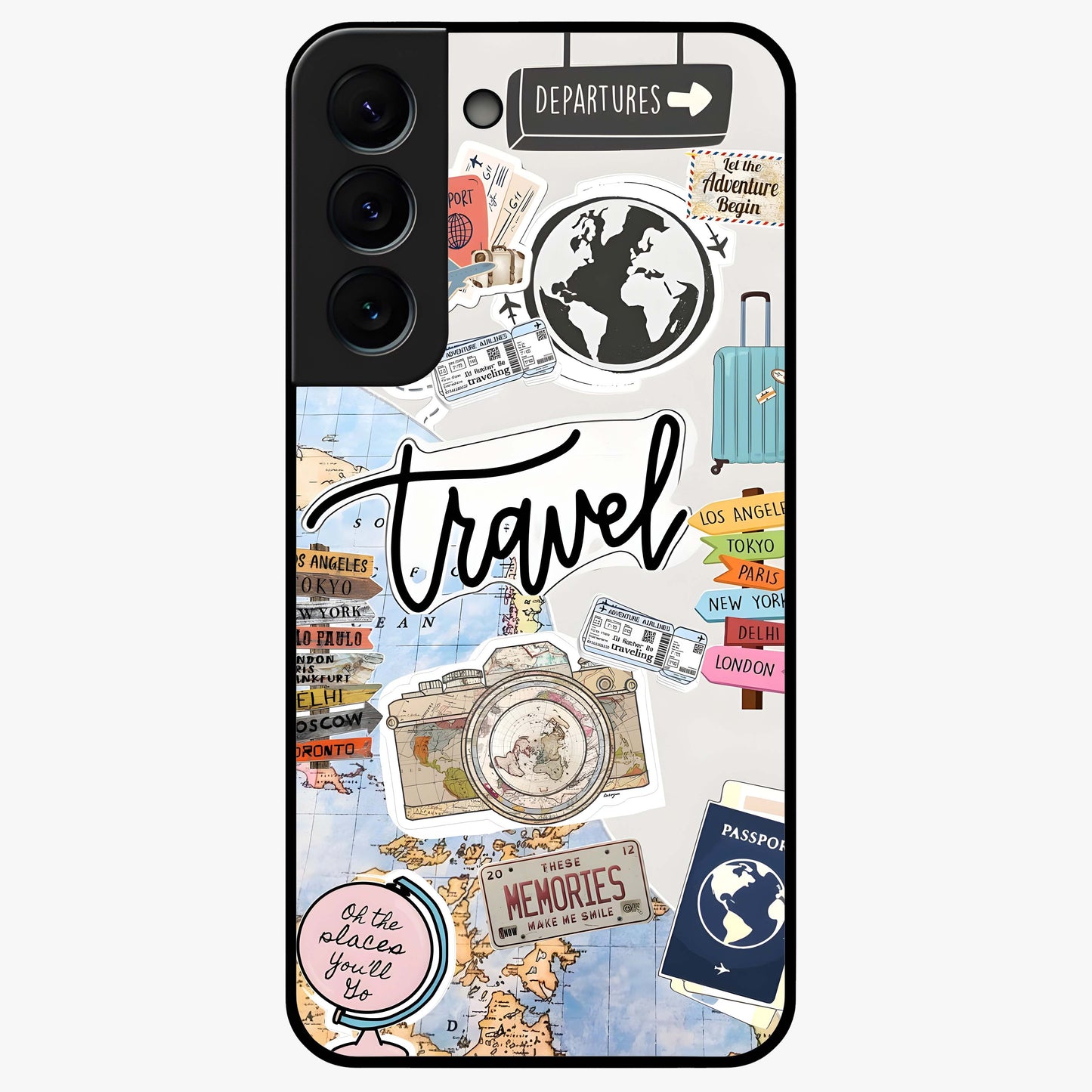 Wanderlust Journal Glass Case showing flat back view with travel inspired artwork and glossy glass finish.
