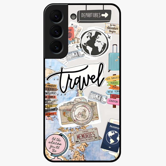 Wanderlust Journal Glass Case showing flat back view with travel inspired artwork and glossy glass finish.