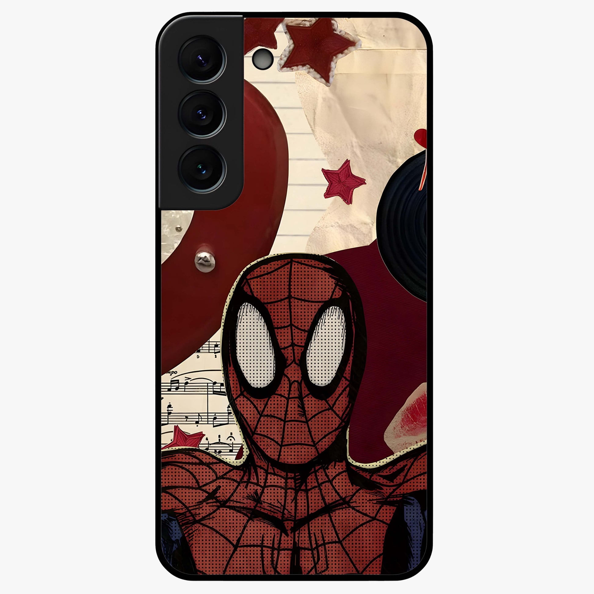 Web Warrior Vibes Glass Case showing flat back view with superhero inspired web themed artwork and glossy glass finish.