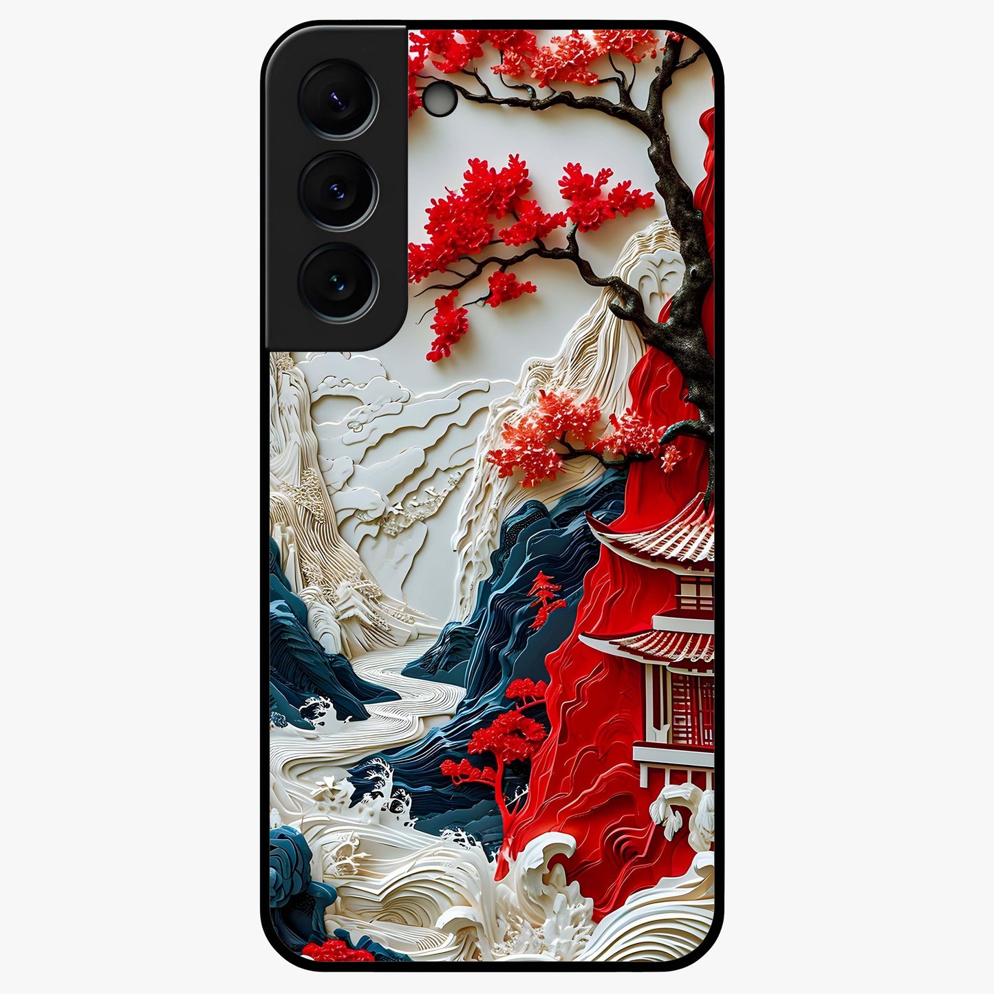 Whispers Of Sakura Waves Glass Case showing flat back view with cherry blossom wave artwork and glossy glass finish.