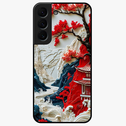 Whispers Of Sakura Waves Glass Case showing flat back view with cherry blossom wave artwork and glossy glass finish.