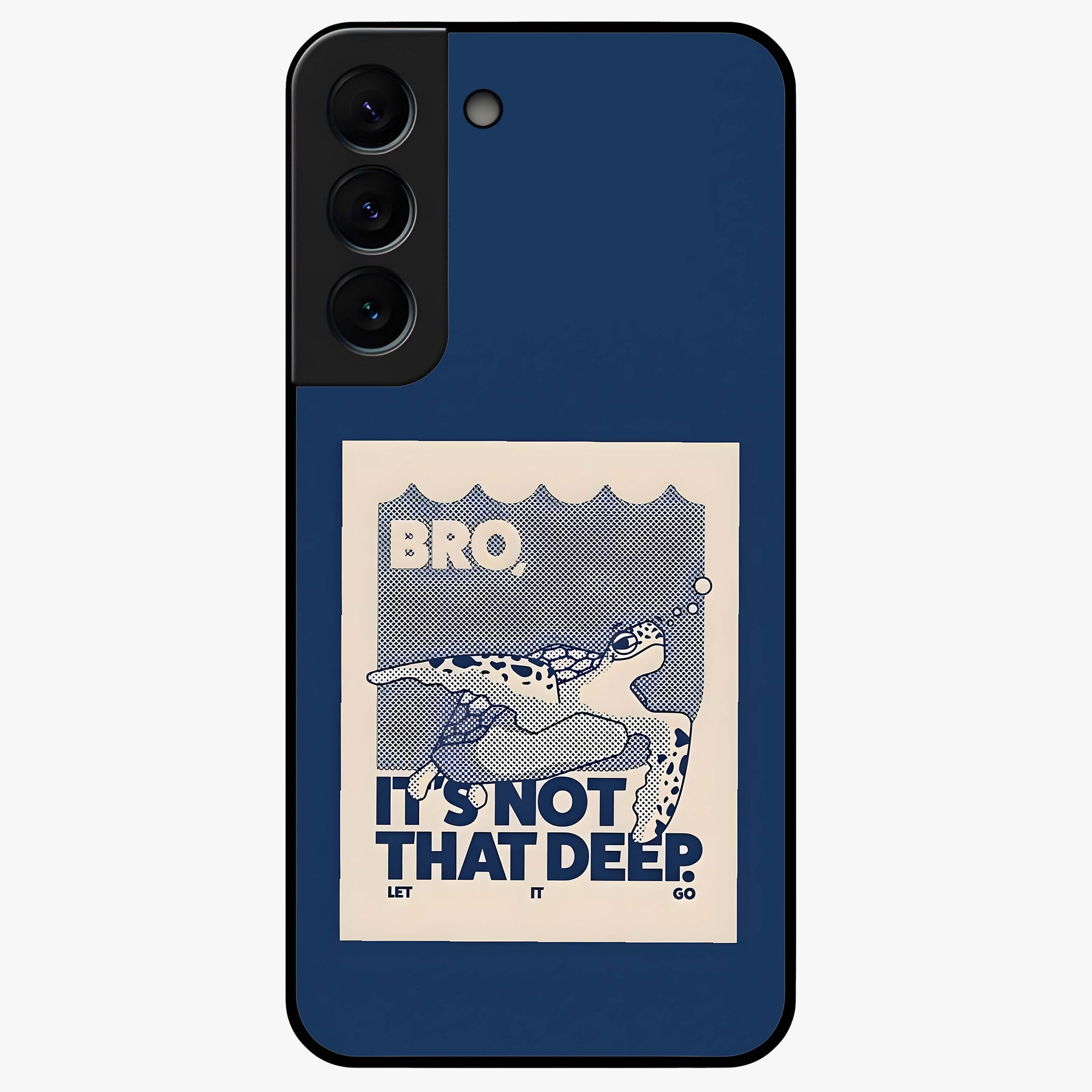 Worry Less Swim Glass Case showing flat back view with playful motivational artwork and glossy glass finish.