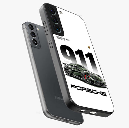 911 Turbo Dominance Glass Case displayed in premium angled mockup highlighting sporty car illustration and sleek glass surface.
