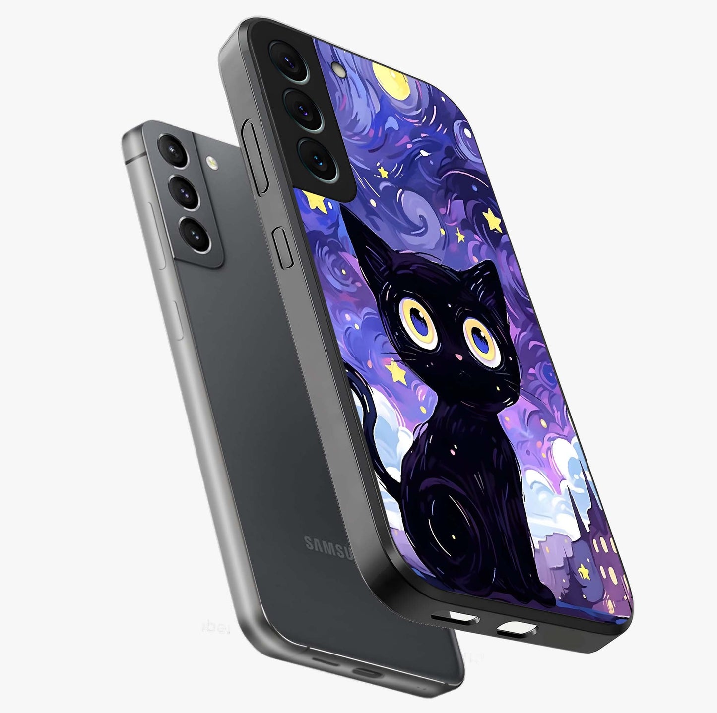 Abstract Cat Art Glass Case displayed in angled mockup highlighting modern abstract cat artwork and sleek glass surface.