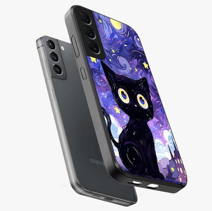 Abstract Cat Art Glass Case displayed in angled mockup highlighting modern abstract cat artwork and sleek glass surface.
