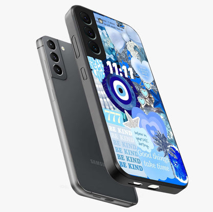 Aesthetic Be Kind Eye Glass Case displayed in angled mockup highlighting aesthetic eye design and inspirational vibe.