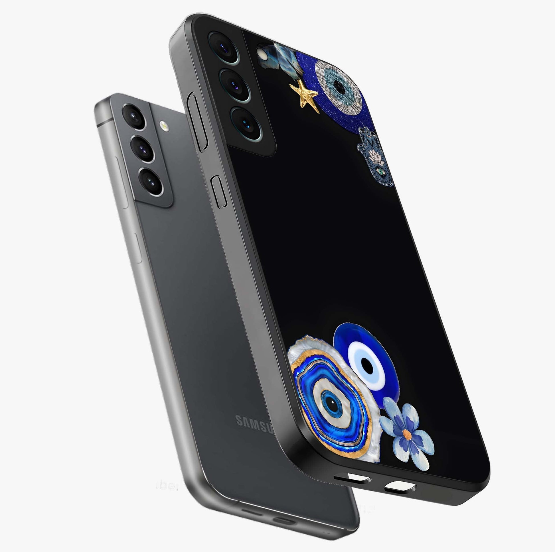 Aesthetic Blue Evil Eye Glass Case displayed in angled mockup highlighting blue evil eye symbol and spiritual aesthetic design.