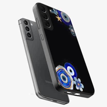 Aesthetic Blue Evil Eye Glass Case displayed in angled mockup highlighting blue evil eye symbol and spiritual aesthetic design.