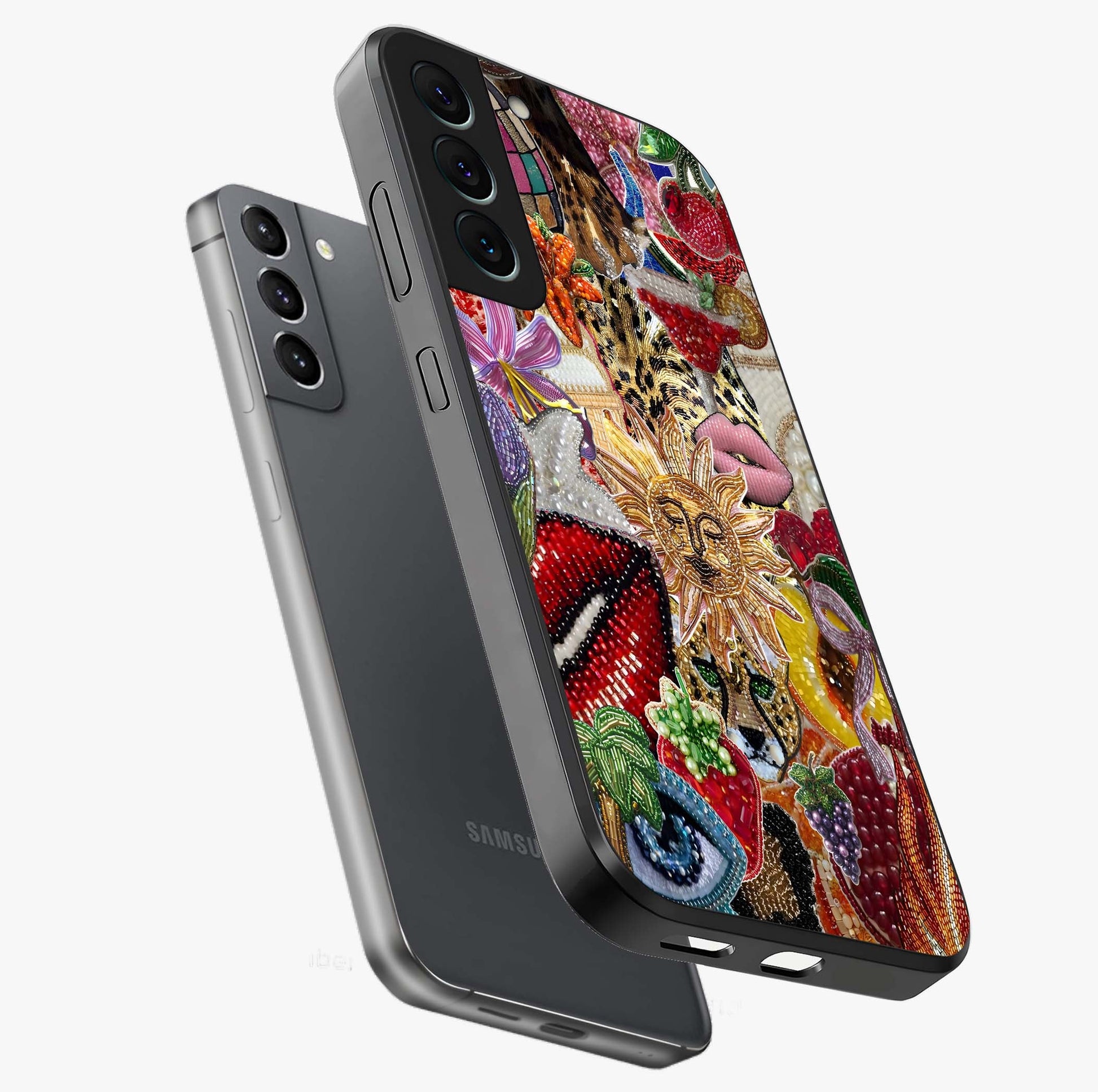 Beaded Fashion Jungle Glass Case displayed in angled mockup highlighting colorful fashion bead design and artistic pattern.