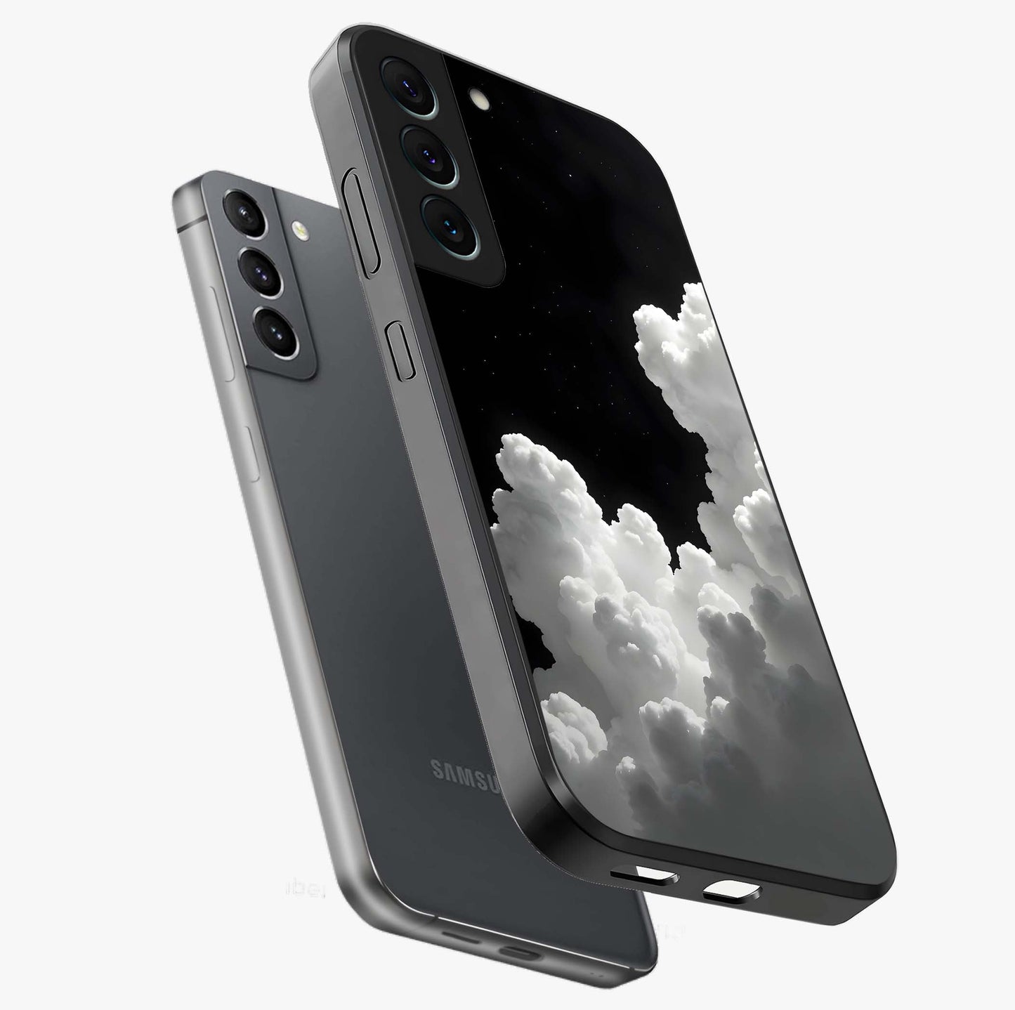 Black Background With White Cloud Glass Case displayed in angled mockup highlighting soft white cloud illustration and minimal design.