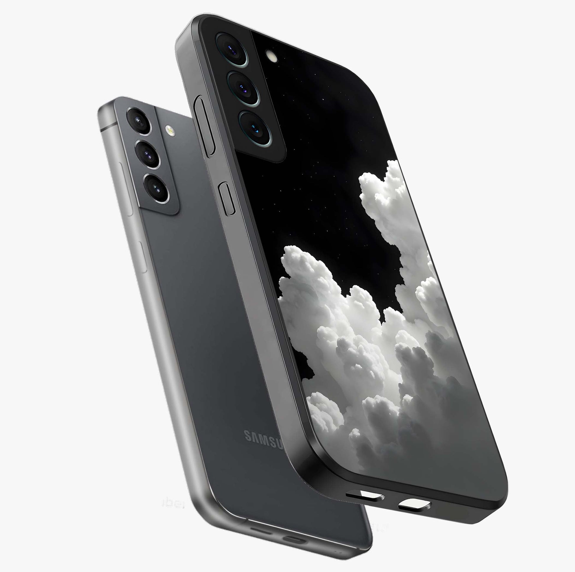 Black Background With White Cloud Glass Case displayed in angled mockup highlighting soft white cloud illustration and minimal design.