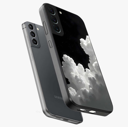 Black Background With White Cloud Glass Case displayed in angled mockup highlighting soft white cloud illustration and minimal design.