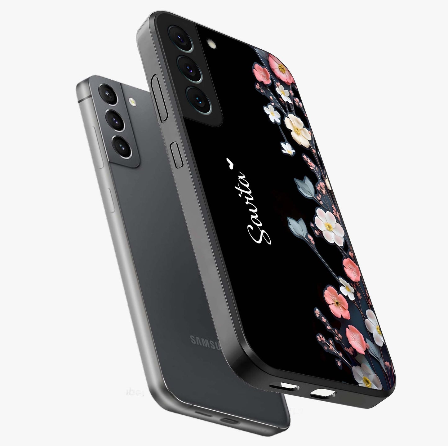 Black Elegance Floral Custom Name Glass Case displayed in angled mockup highlighting dark floral aesthetic and custom name feature.