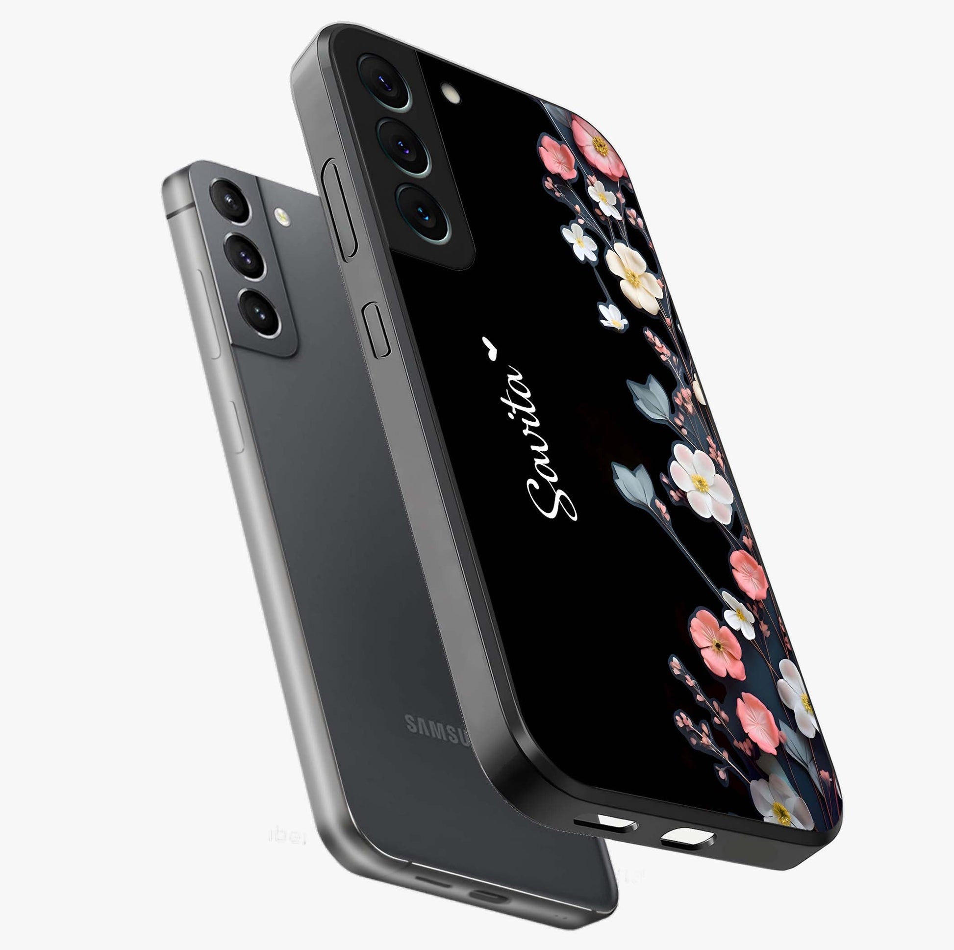Black Elegance Floral Custom Name Glass Case displayed in angled mockup highlighting dark floral aesthetic and custom name feature.