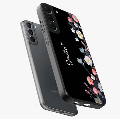 Black Elegance Floral Custom Name Glass Case displayed in angled mockup highlighting dark floral aesthetic and custom name feature.