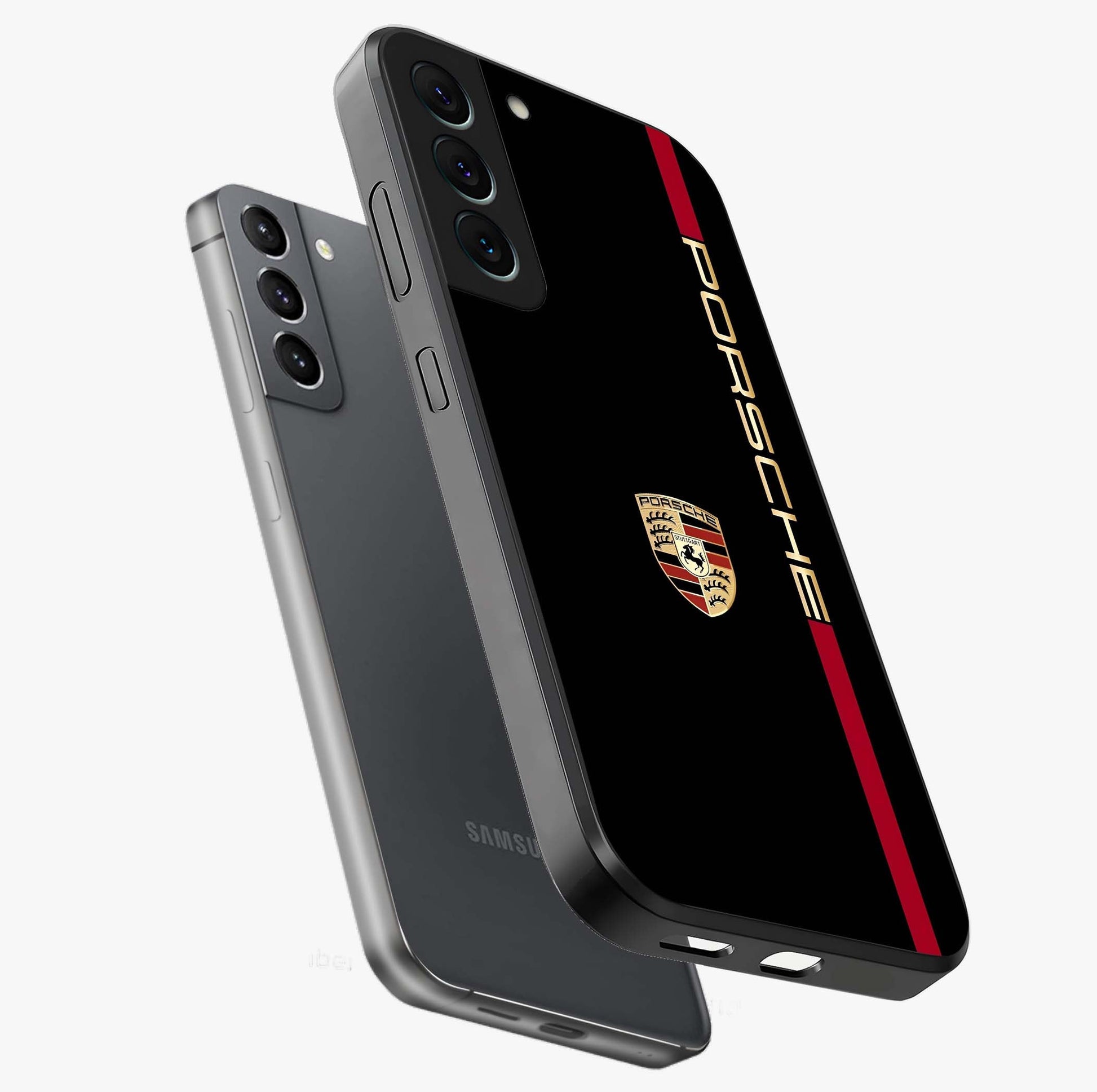 Black Minimal Porsche Glass Case displayed in angled mockup highlighting modern minimal car illustration and clean aesthetic design.