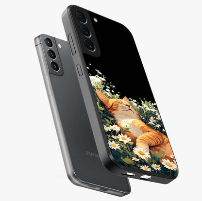 Blissful Bloom Cat Glass Case displayed in angled mockup highlighting playful feline illustration with soft floral aesthetic.