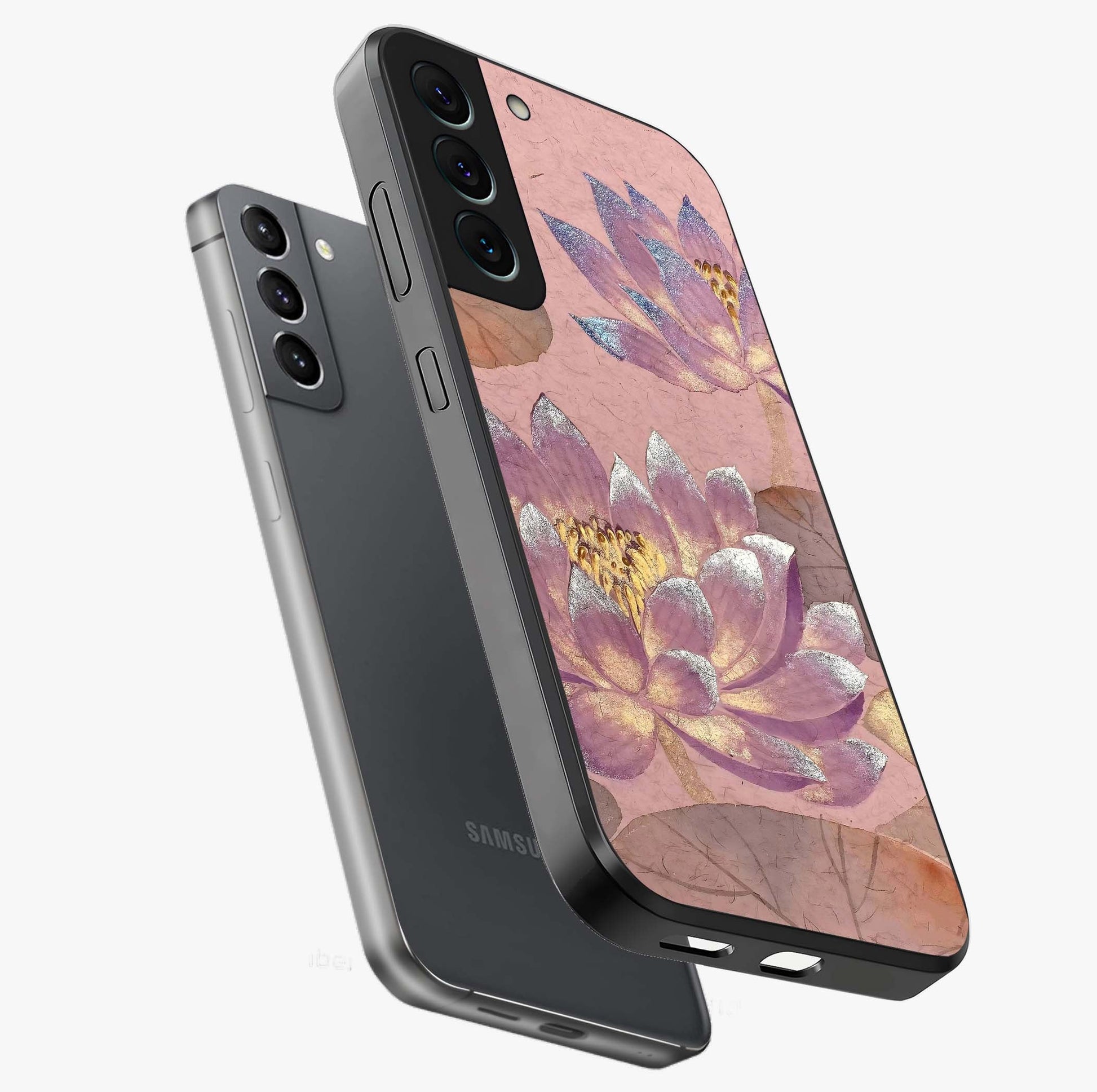 Blossom Mist Lotus Glass Case displayed in angled mockup highlighting delicate lotus illustration with calm aesthetic theme.