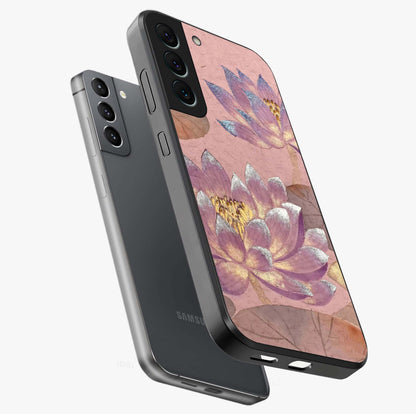 Blossom Mist Lotus Glass Case displayed in angled mockup highlighting delicate lotus illustration with calm aesthetic theme.
