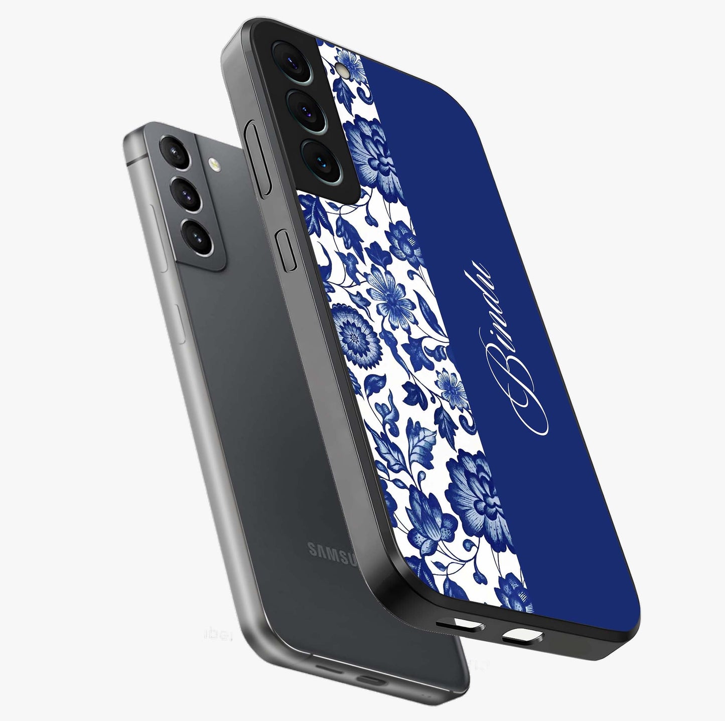 Blue Vintage Floral Pattern Glass Case displayed in angled mockup highlighting subtle bloom pattern with aesthetic pastel design.