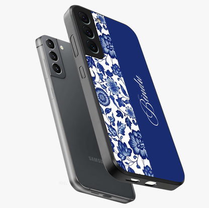 Blue Vintage Floral Pattern Glass Case displayed in angled mockup highlighting subtle bloom pattern with aesthetic pastel design.