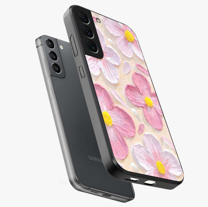 Blush Bloom Texture Glass Case displayed in angled mockup highlighting subtle bloom pattern with aesthetic pastel design.