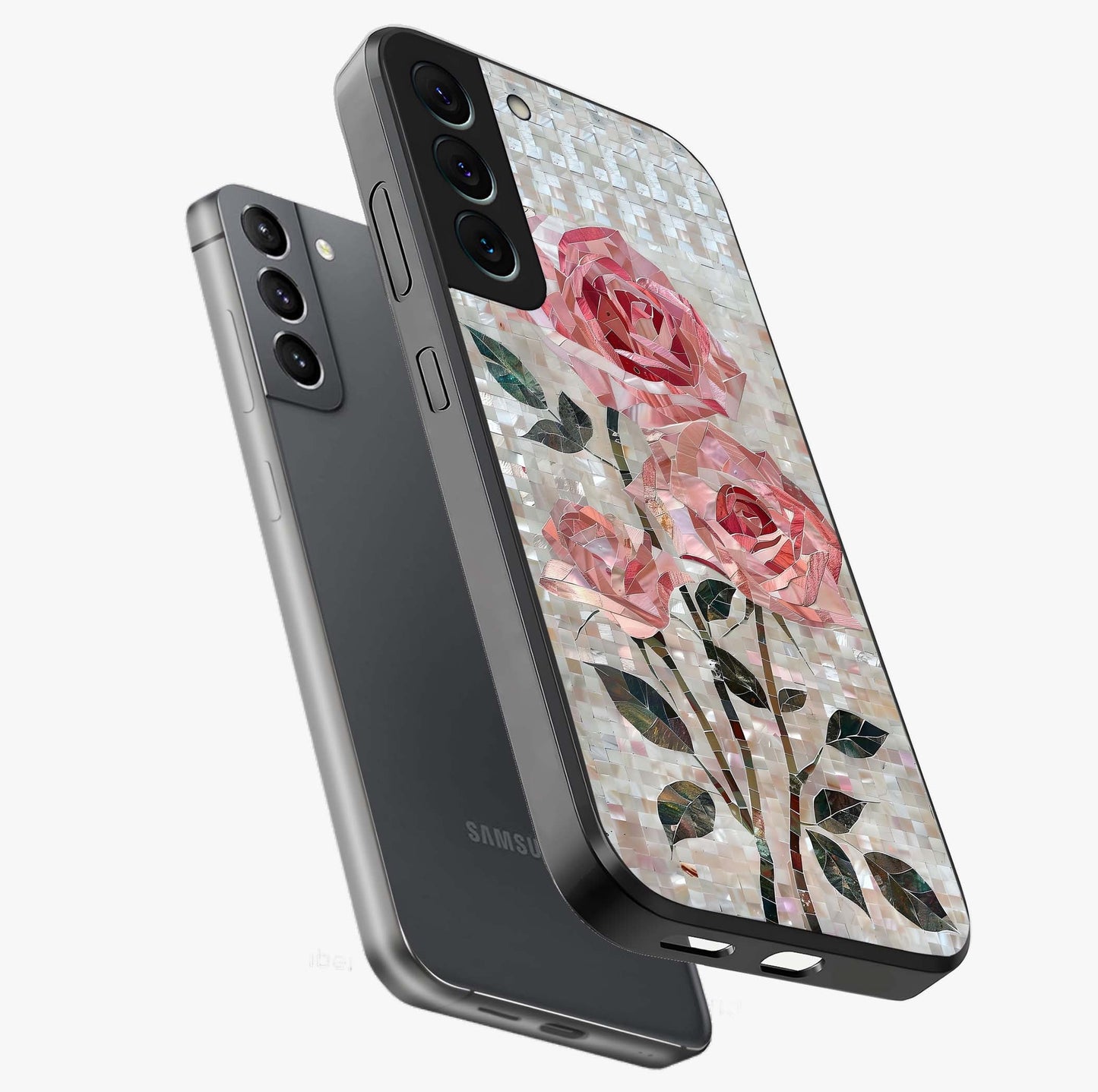Blush Mosaic Bloom Glass Case displayed in angled mockup highlighting artistic mosaic flower pattern with aesthetic design.