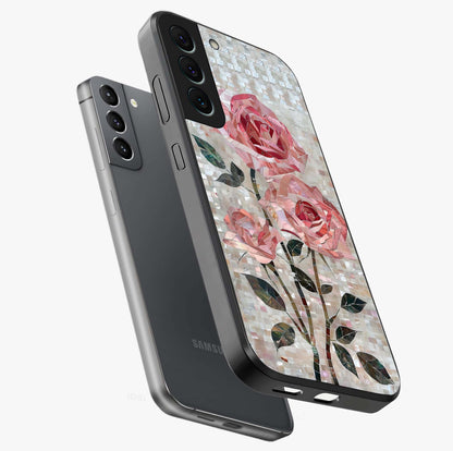 Blush Mosaic Bloom Glass Case displayed in angled mockup highlighting artistic mosaic flower pattern with aesthetic design.