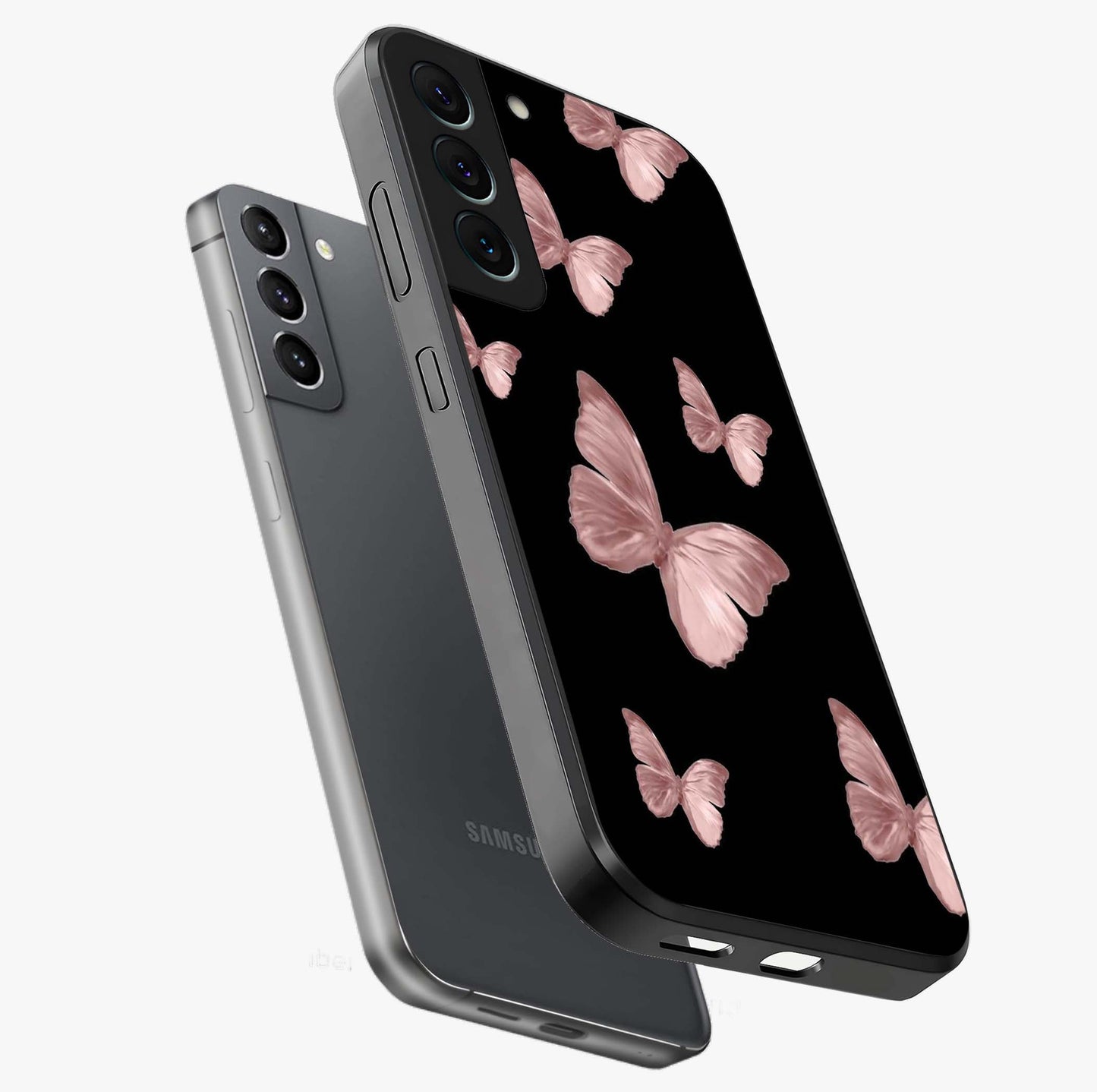 Butterfly Pattern Glass Case displayed in angled mockup highlighting delicate butterfly design and aesthetic pattern style.