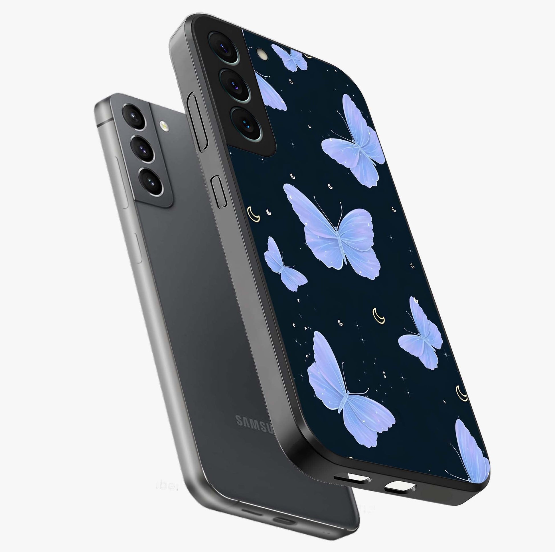 Butterfly With Stars Pattern Glass Case displayed in angled mockup highlighting dreamy butterfly and star design with aesthetic theme.