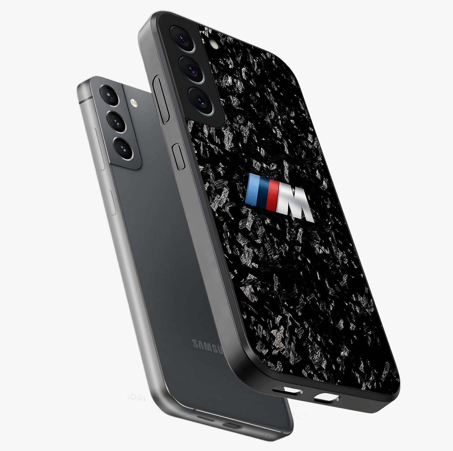 Carbon Speed Mark Glass Case displayed in angled mockup highlighting racing inspired carbon design and sleek aesthetic style.