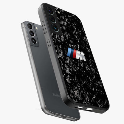Carbon Speed Mark Glass Case displayed in angled mockup highlighting racing inspired carbon design and sleek aesthetic style.