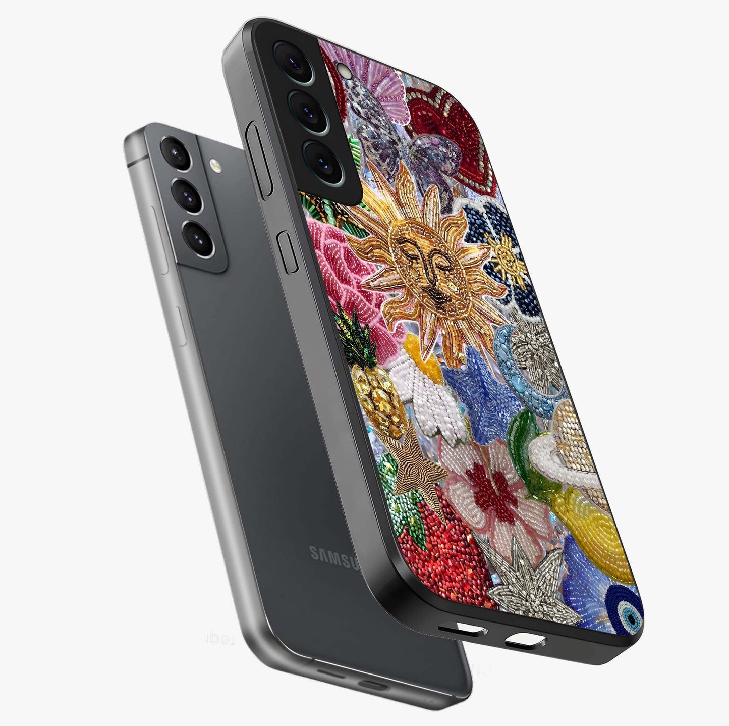 Celestial Floral and Playful Glass Case displayed in angled mockup highlighting playful floral design with dreamy celestial elements.