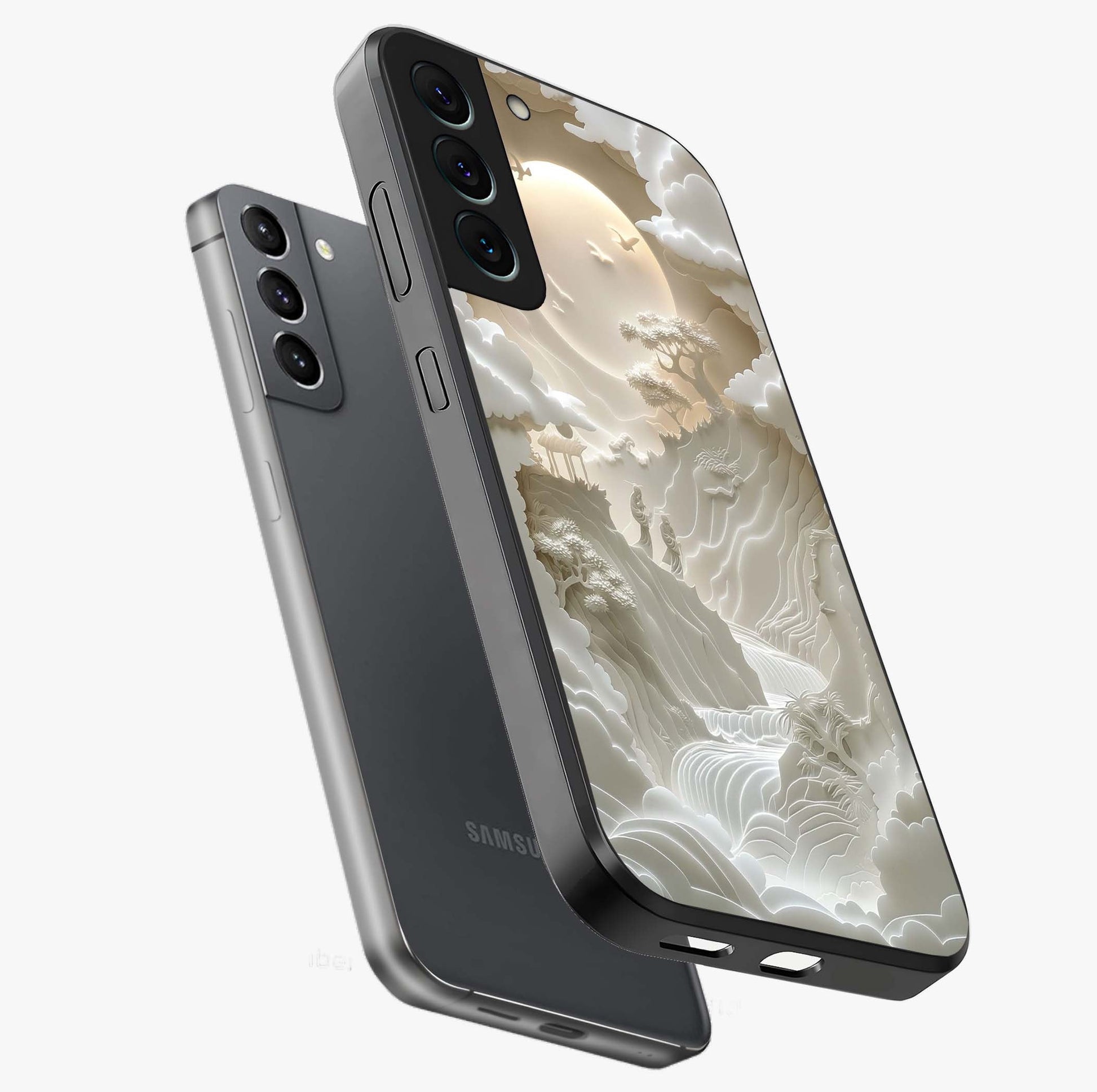 Celestial Origami Glass Case displayed in angled mockup highlighting geometric origami design with cosmic aesthetic theme.