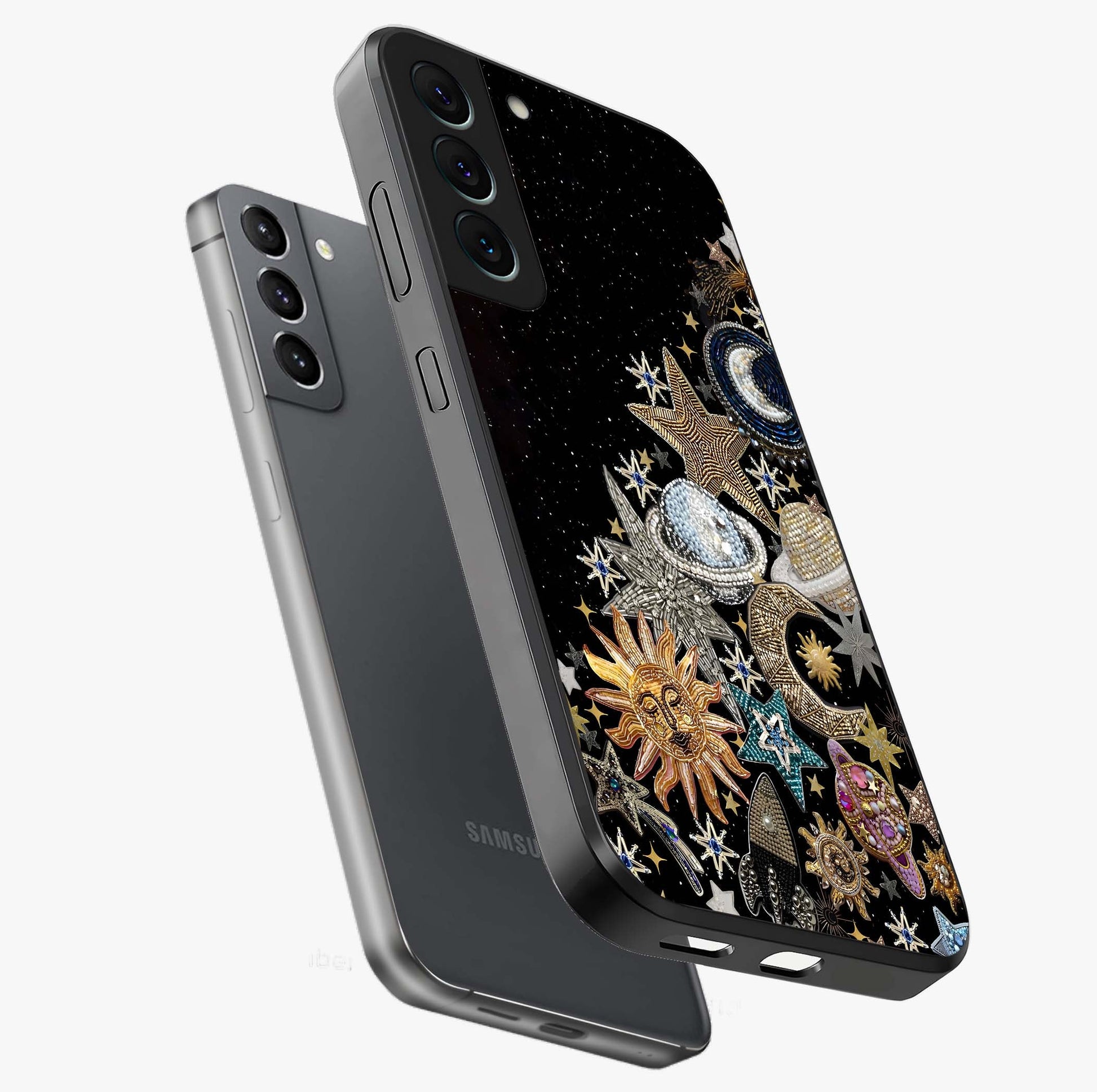 Cosmic Sparkle Dreams Glass Case displayed in angled mockup highlighting dreamy star sparkle design with celestial aesthetic.
