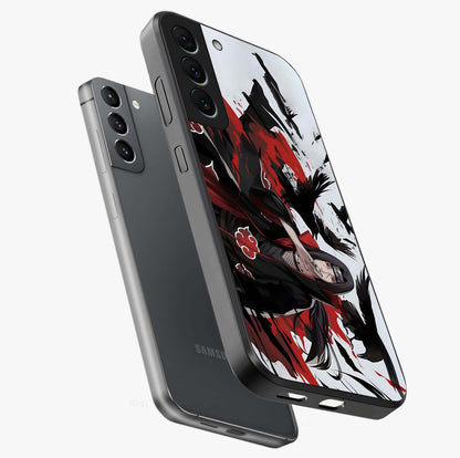 Crimson Crow Illusion Glass Case displayed in angled mockup highlighting mysterious crow graphic with dark aesthetic style.