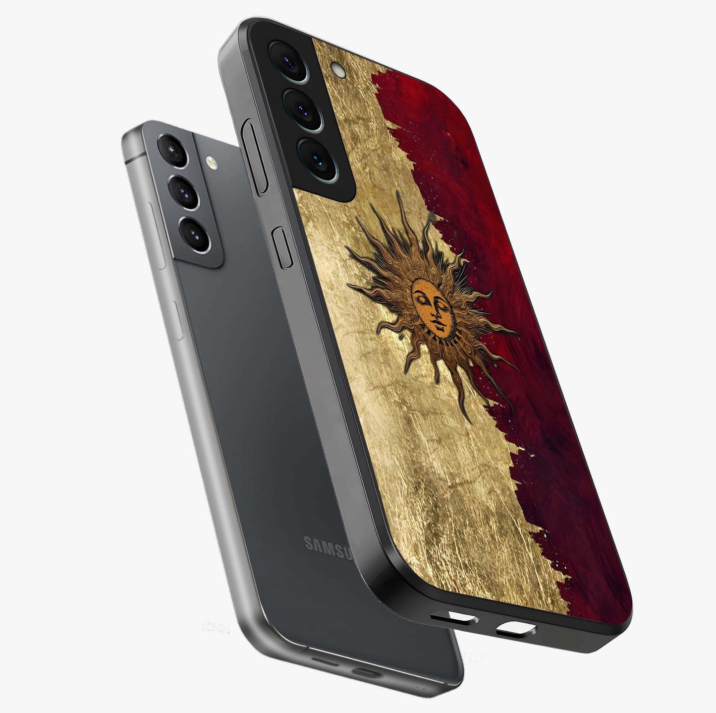 Crimson Sun Majesty Glass Case displayed in angled mockup highlighting majestic crimson sun design with bold aesthetic style.