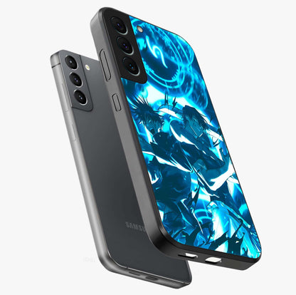 Cursed Energy Clash Glass Case displayed in angled mockup highlighting powerful battle inspired graphic with anime style aesthetic.