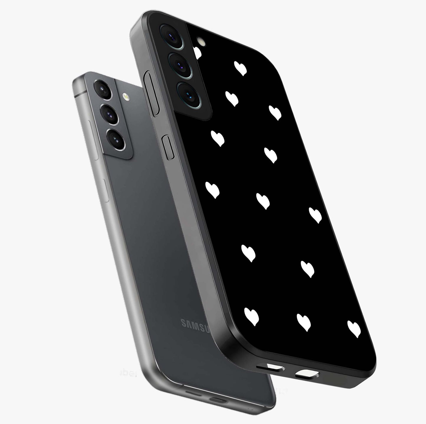 Cute And Simple White Hearts Glass Case displayed in angled mockup highlighting cute heart design with clean aesthetic style.